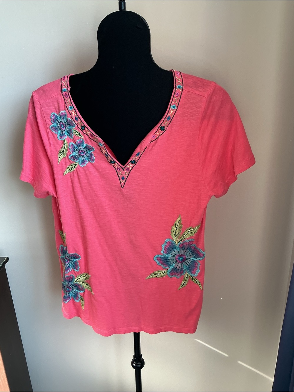 Boho cottage core Soft Surrounding V-Neck Tee with Blue Floral Embroidery